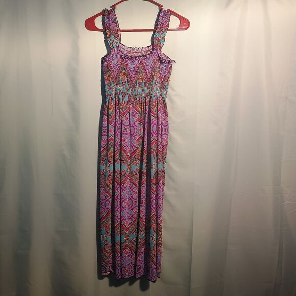 Women’s Boho Maxi Dress Sleeveless Smocked Bodice Multicolor Tribal Print - Picture 1 of 5